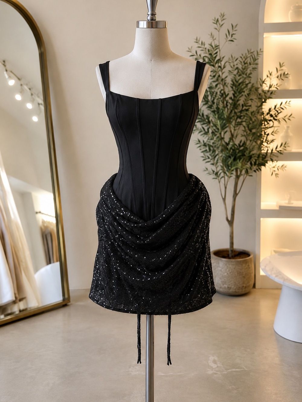 Elegant Black Corset Mini Dress with Draped Sequined Skirt